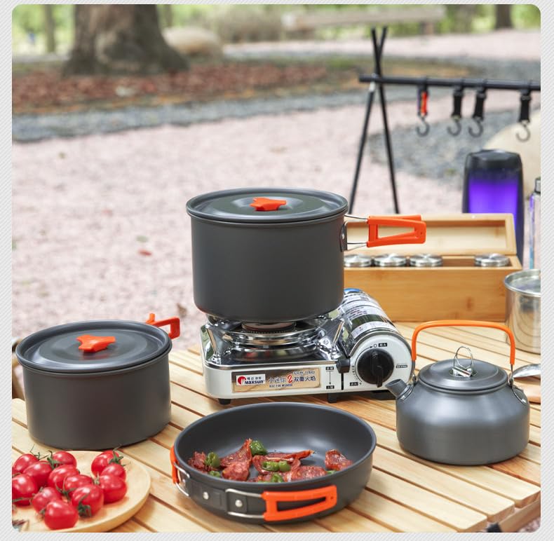 18 PCS TMKOOL 3-4 Peoples Camping Cookware Mess Kit, Lightweight Large Non-Stick Pot Pan Large Fry Pan 1.1L Kettle Set with Plastic Bowls Plates Sets for Camping, Backpacking, Outdoor Cooking, Picnic