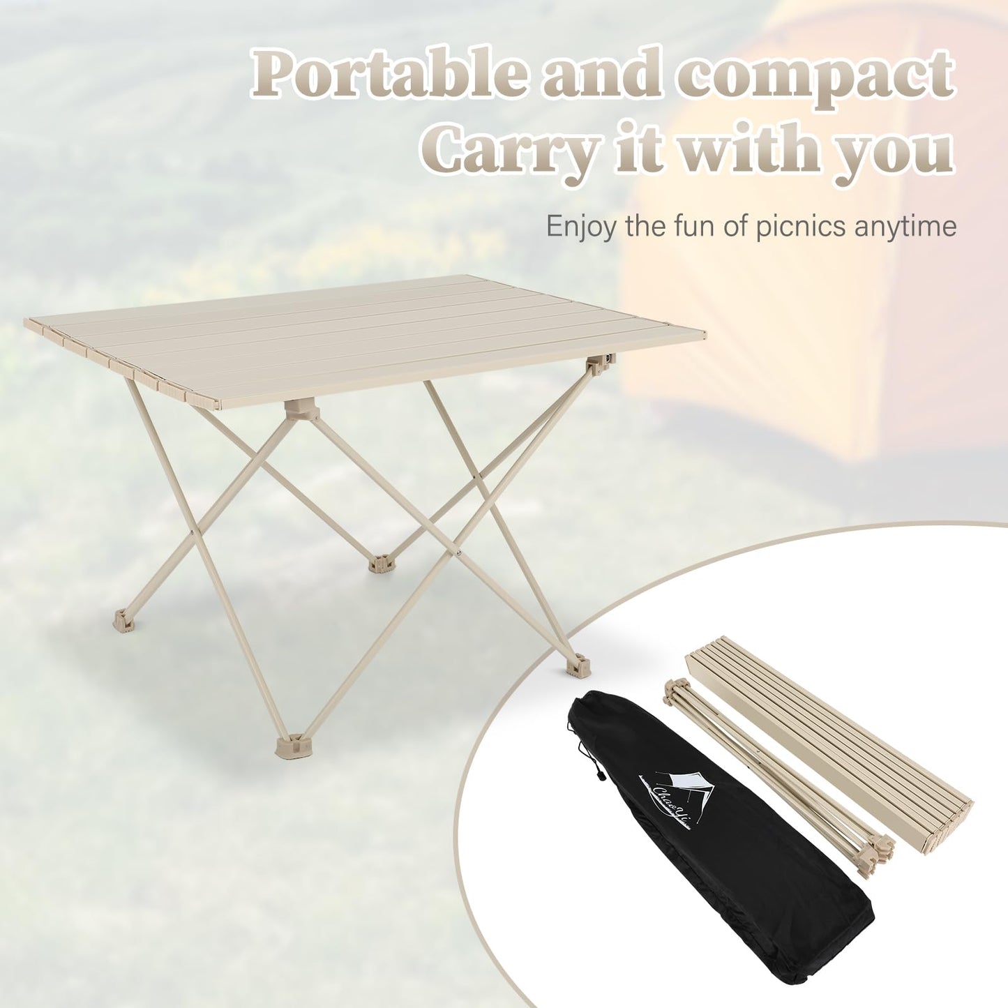 FAHKNS Portable Camping Table,Folding Side Table Aluminum Top for Camping Hiking Backpacking Outdoor Picnic(27" D x 18" W x 16" H,Off White)