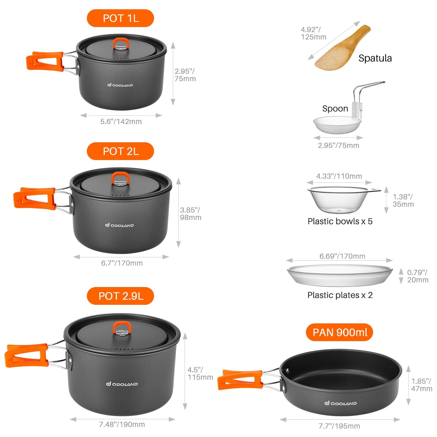 Odoland 15pcs Camping Cookware Non-Stick Lightweight Camping Pots and Pans Set with Plastic Plates Bowls Soup Spoon for Camping, Backpacking, Outdoor Cooking and Picnic