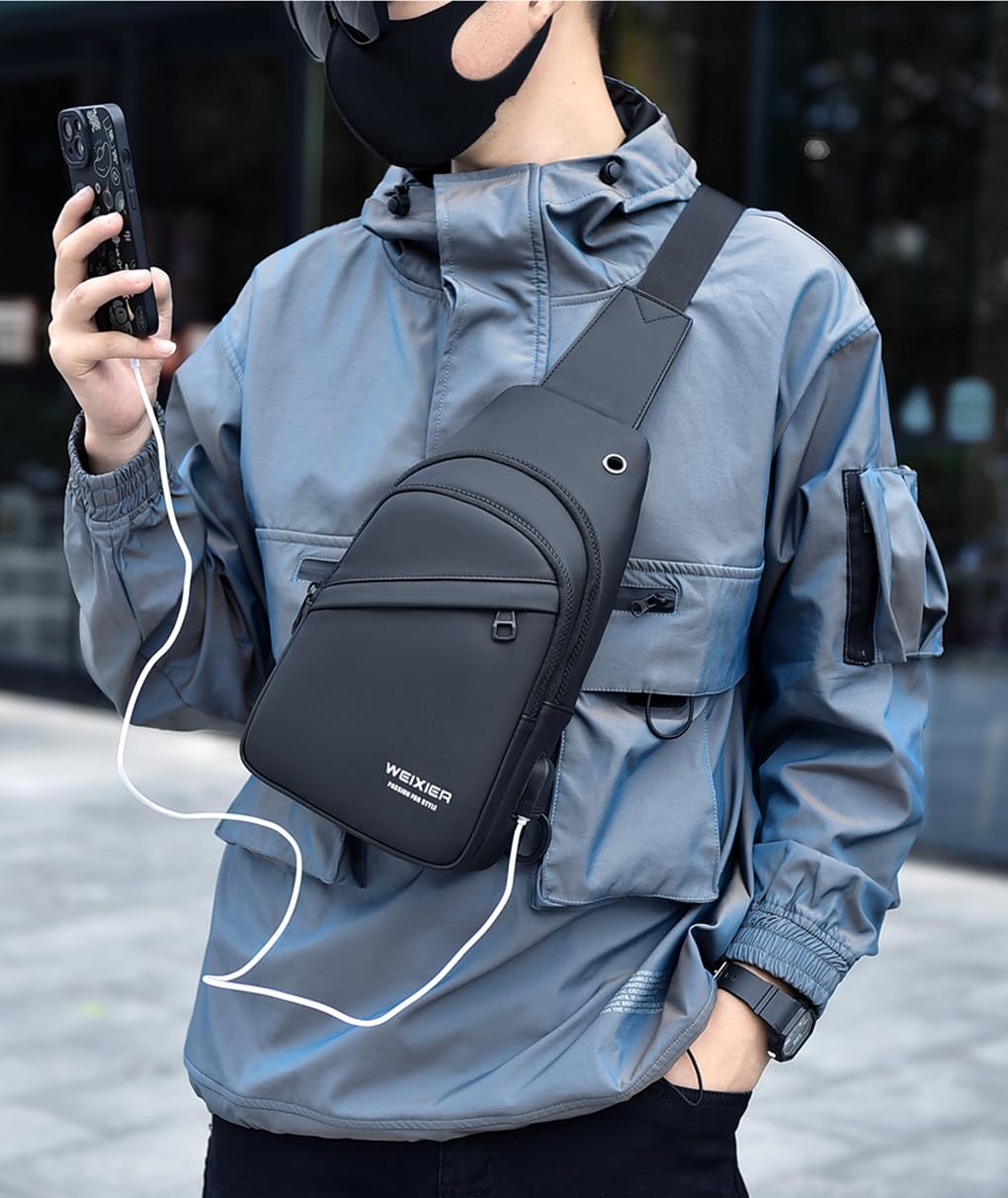 Hjkiopc Waterproof Sling Bags Mens Shoulder Crossbody Backpack with USB Charging Port& Headphone,Outdoor Lightweight Bag