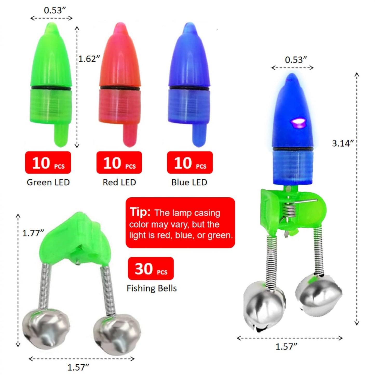 SenseYo 30 Pcs Fishing Bells Clips Fishing Rod Alarm with Dual Alert Bells with Colorful Lights (Red Green Blue)