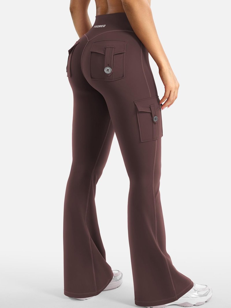 YEOREO CoreFlex Women Workout Flare Leggings with Pockets Hidden Scrunch Cargo Gym Yoga No Front Seam Leggings Brown XXL