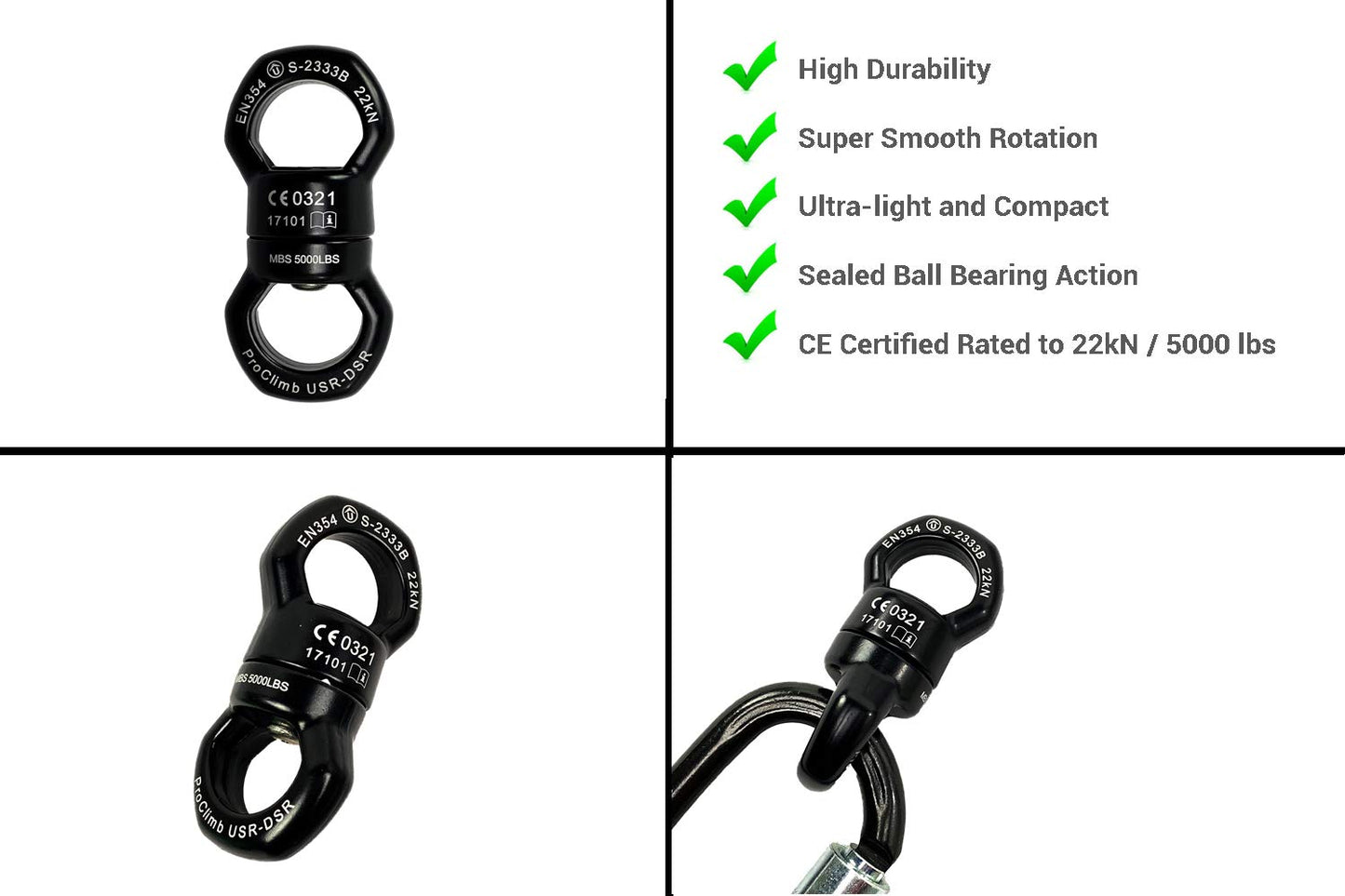 22kN Micro Rotator Climbing Rope Swivel Device Spinner 6700lb Breaking Strength for Rock Climbing Arborist Backyard Swing Aerial Dance Dog Leash Connector CE Certified