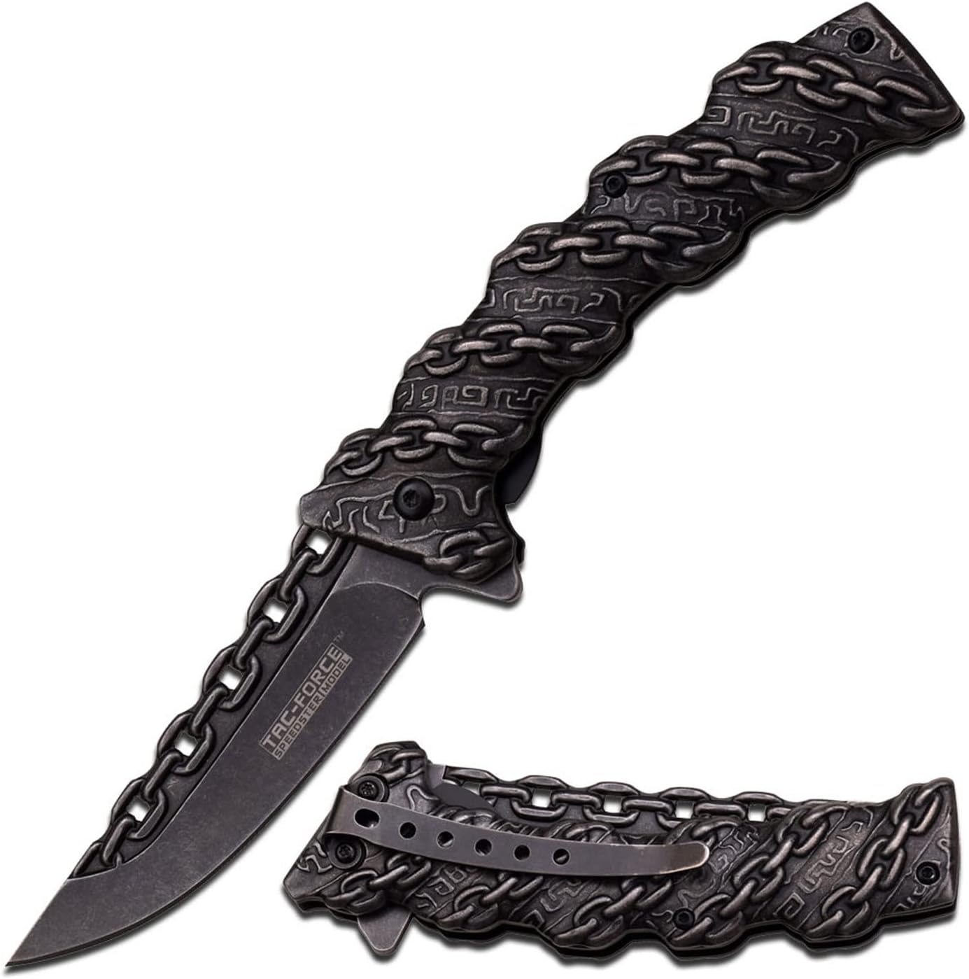 Tac-Force- Folding Pocket Knife –Stonewashed Finish Stainless Steel Blade and Handle with Sculpted Chain Link Design, Includes Pocket Clip, Tactical, EDC, Rescue - TF-859