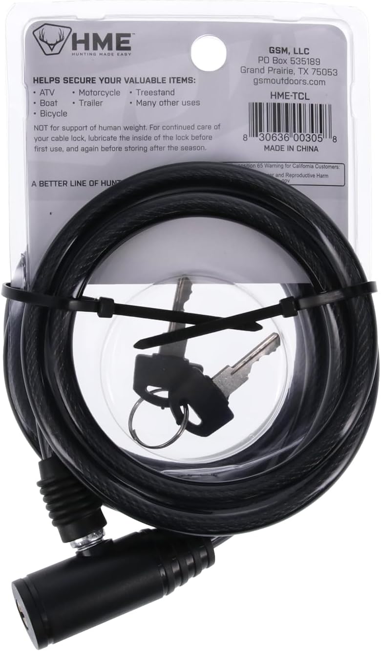HME Self-Coiling 6-Foot Easy-To-Use Protective Durable Reliable Versatile Hunting Tree Stand Cable Lock - 2 Keys Included
