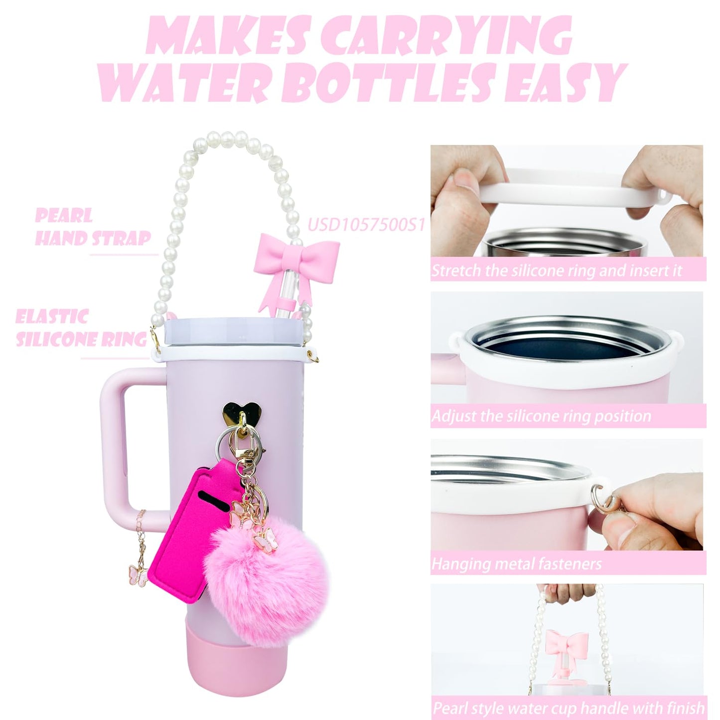 Accessories Set for Stanley Cup 30 oz 40 oz,Water Bottle Handle Strap,Boot, Straw Cover for Stanley, Beautify Your Cup, Unique Gifts For Women Pink