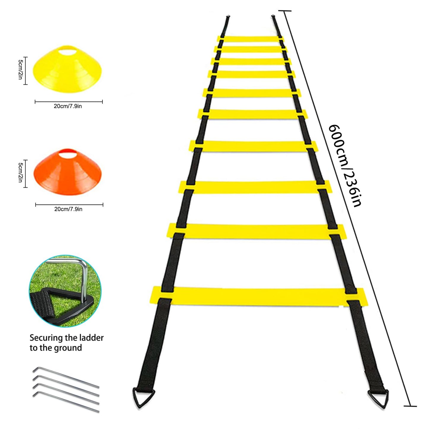 AOPUETRX 20FT Agility Soccer Ladder Training Equipment Set Football Gifts for Boys 8-14 with 12 Cones, Solo Trainer & Jump Rope, Suitable for Home Gym and Playground