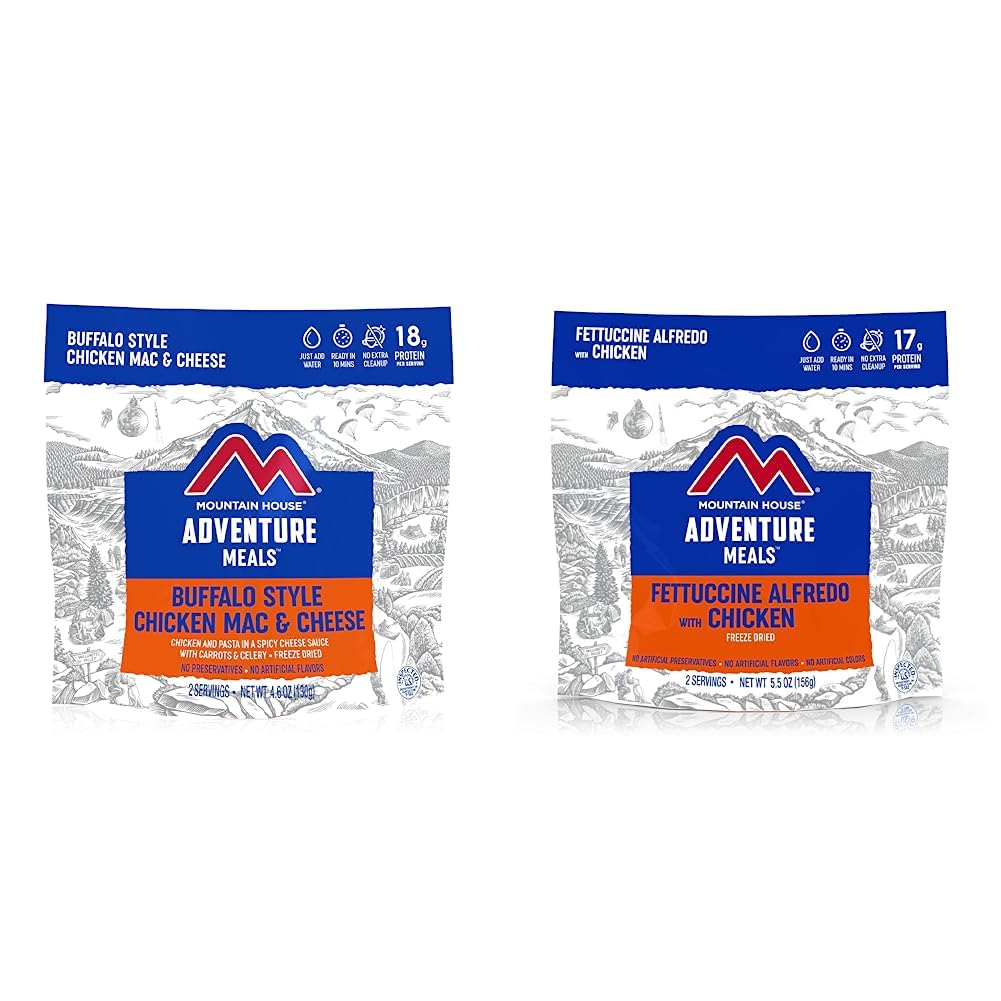 Mountain House Buffalo Style Chicken Mac & Cheese (2 Servings) and Fettuccine Alfredo with Chicken (2 Servings) | Freeze Dried Backpacking & Camping Food