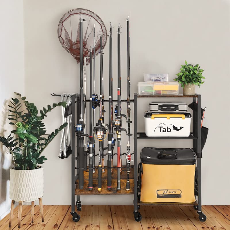 Olakee Fishing Rod Holders for Garage - Fishing Pole Holders up to 12 Rods, Fishing Gear Equipment Organizers Rod Tackle Cart for Home Entryway Corner