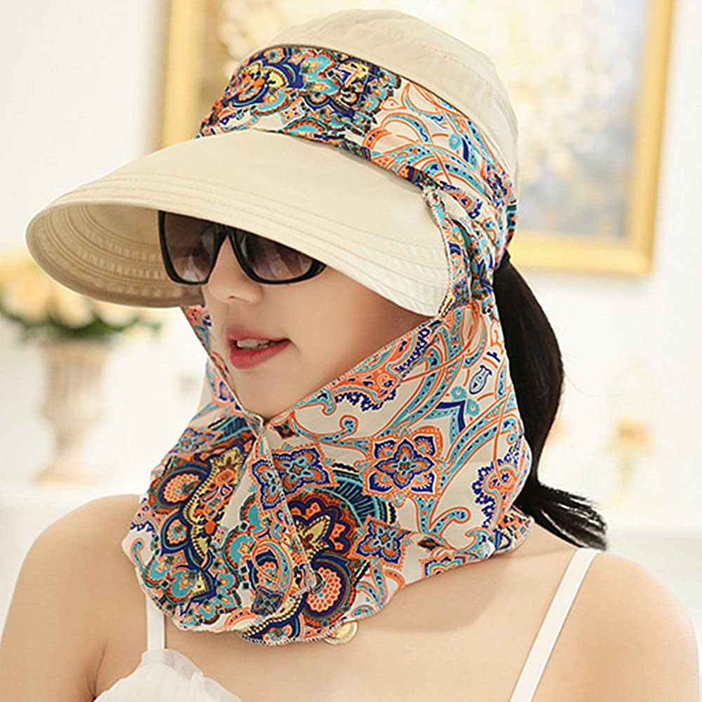 Women's Multifunctional UV Sun Protection Waterproof Breathable Face Neck Flip Folding Sun Hat (hat-Beige)