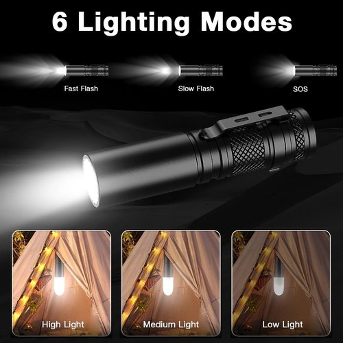 AUCLAYTEC 500 Lumens Tactical Flashlight, 6 Modes Pocket Flashlight Rechargeable High Bright Beam Small Handheld Flash Light Emergency Flashlights with Lampshade for Camping, Hiking, Walking (2 Pack)