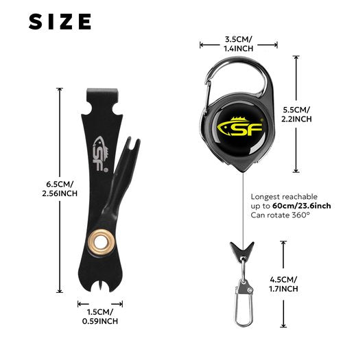 SF 3 in 1 Black Fly Fishing Nipper Fly Line Cutter Knot Tying Tool Fishing Clippers with Steel Cord Zinger Retractor Fly Fishing Anglers Tool for Fly Fishing Tapered Leader Tippet Line
