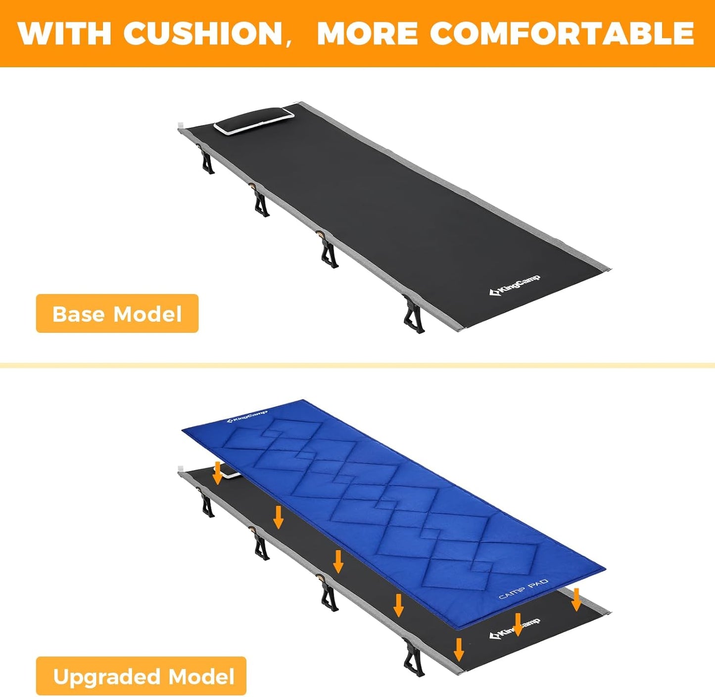 KingCamp Ultralight Camping Cot, Portable Folding Tent Camping Bed, Heavy Duty Sleeping Bed with Pillow for Adults Outdoor Backpacking Travel Hiking, Supports 350LBS, Orange