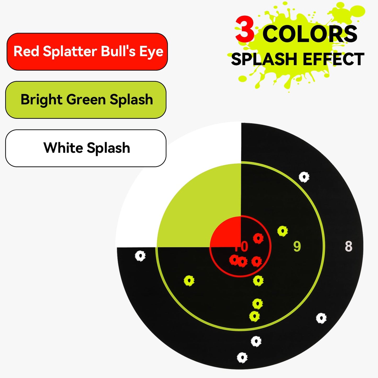GearOZ 3 Colors Splatter Shooting Target Paper, 30 Sheets 8" Instant Shoot See Target with Red Bullseye, Self Adhesive Paper for Shooting Range & Practice, Airsoft, Pellet Gun, Rifles, BB Gun