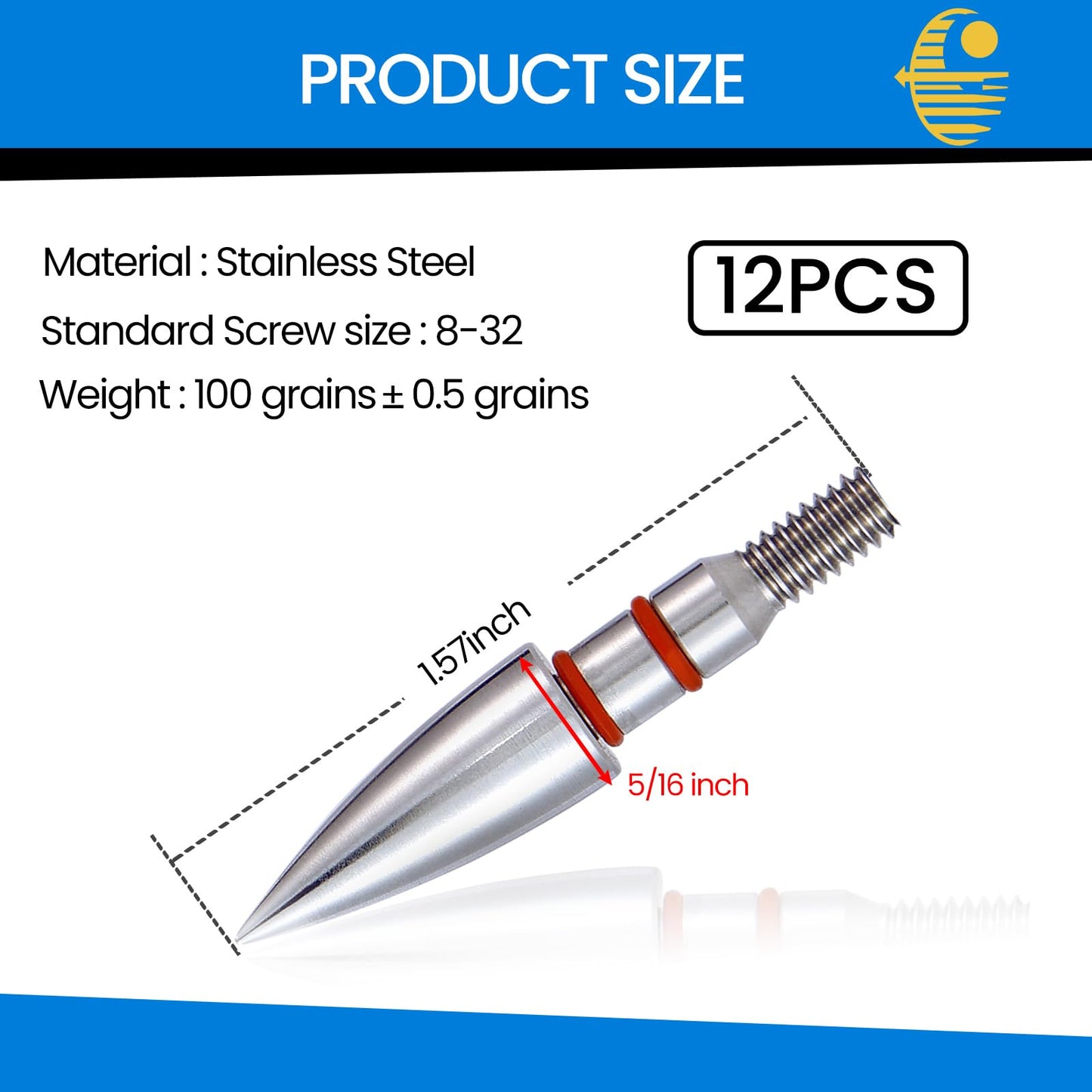 JGSDD 12pcs Archery Field Points, 100/125/150/300 Grain Field Points, Screw-in Archery Field Broadheads for Recurve, Compound Bow Crossbow, Archery Target Crossbow Practice Tip (5/16-100grain)