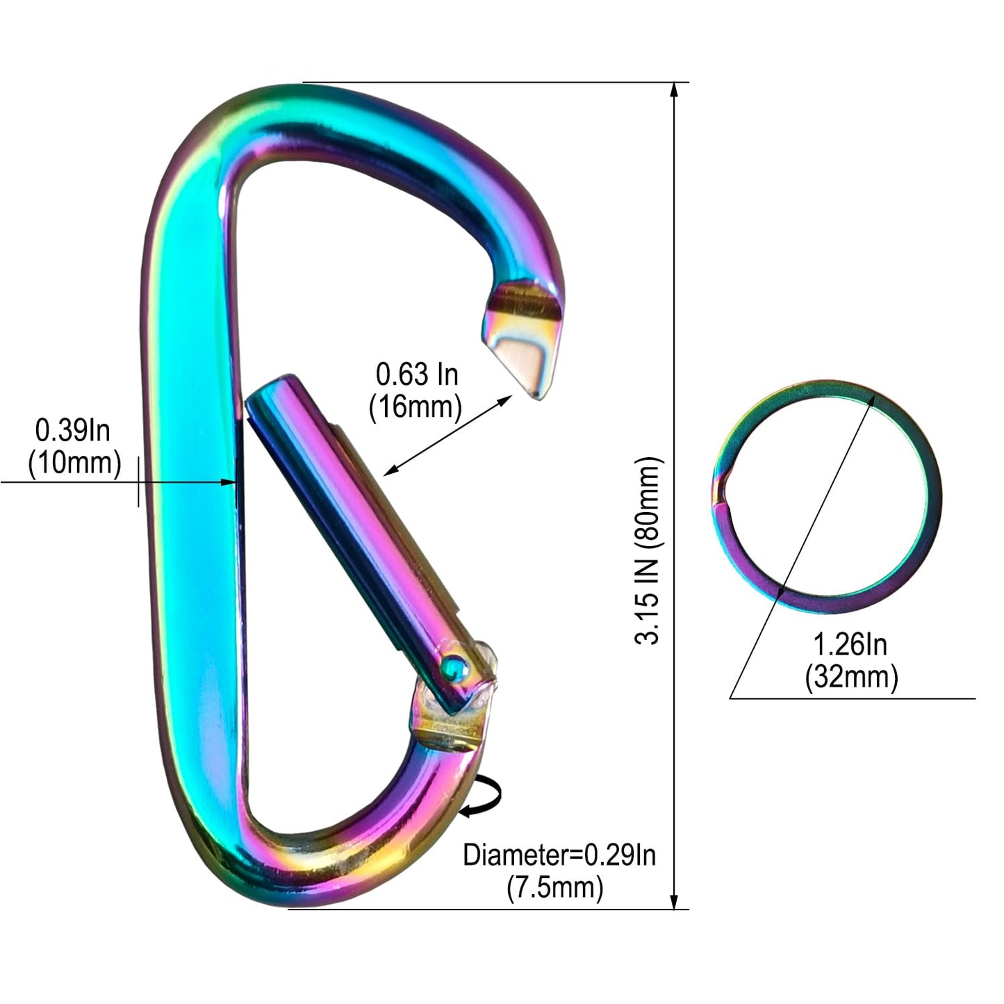 2PCS Colorful Carabiner Clip,3" Aluminun D Ring Shape Carabeaner with 2PCS Keyring Keychain. (Colorful)