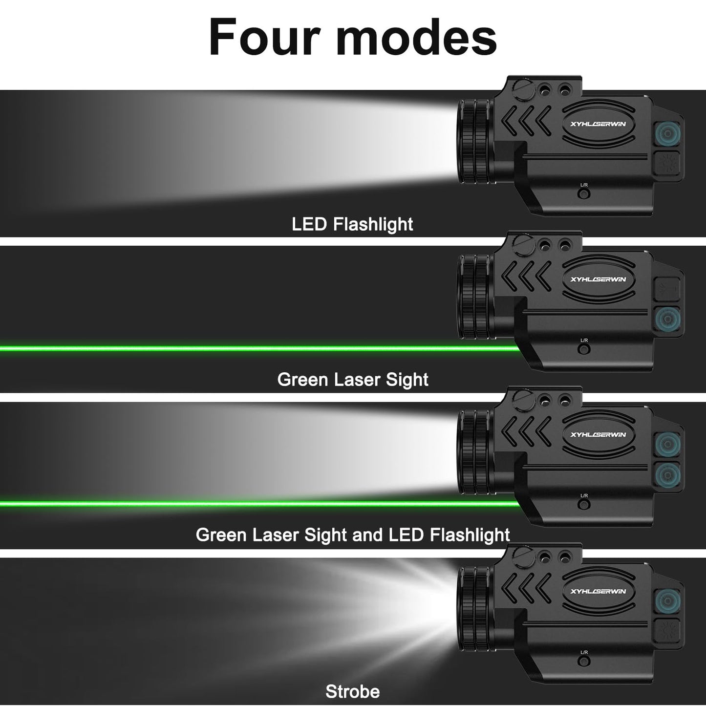 1000/500/200 Lumens Adjustable Tactical Flashlight Laser Combo with Strobe & Constant Modes, Pistol Weapon Light Green Laser Compact Rail Mount, Magnetic Rechargeable, Laser Class IIIA,Less Than 5mW