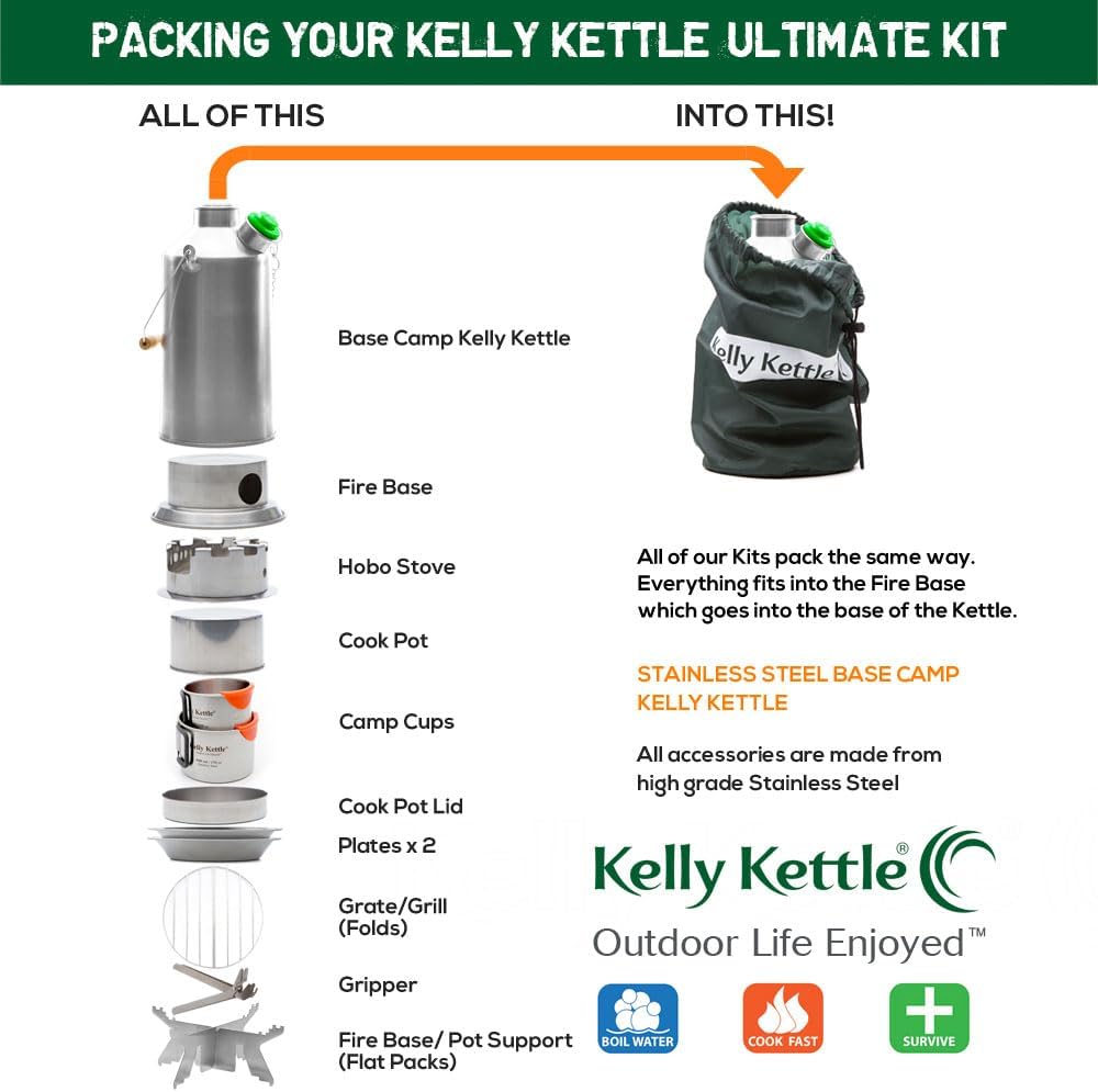 Kelly Kettle Ultimate Base Camp Kit – 54 oz Large Stainless Steel Camp Kettle, Lightweight Camping Kettle with Whistle, Kelly Kettle Stove for Fishing, Hunting, Hiking