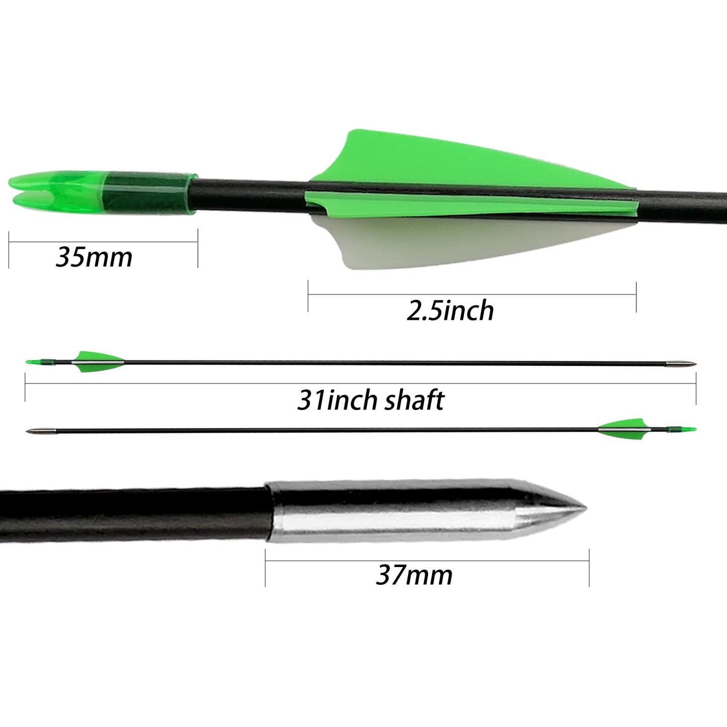 e5e10 31" Fiberglass Arrows Archery Training Practice Target Arrows with Durable Shaft Blunt Tip for Kids Youth or Beginners for Recurve Bow Long Bow (Green and White)