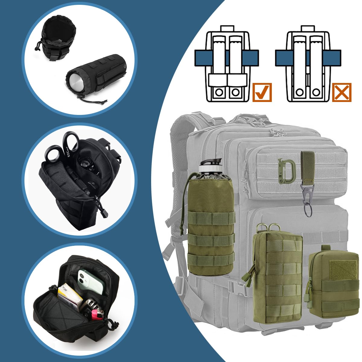 MUCHER 3 Pack Molle Pouches Tactical Pouches EDC Pouch Organizer Molle Bag Utility Pouch with 3 Carabiners and Key Rings for Outdoor Hiking Camping Training