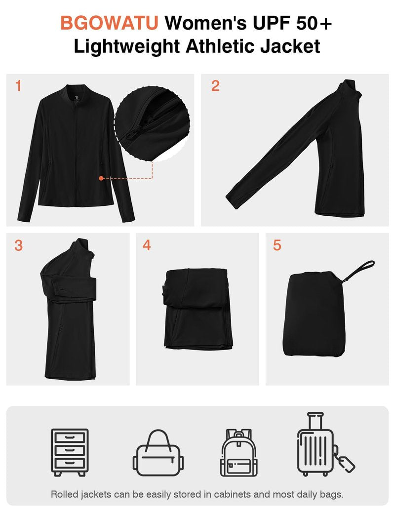 BGOWATU Women's Lightweight Workout Athletic Jacket UPF 50+ Zip Up Running Yoga Jackets Sun Shirt with Thumb Holes Black L