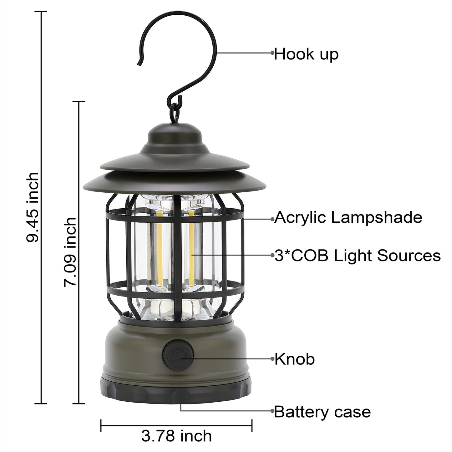 Rechargeable Portable LED Camping Lanterns, Vintage Style Tabletop Lantern, Stepless Dimming, Waterproof - Green, 2 Pack for Camping, Hanging Tent Light, and Power Outages