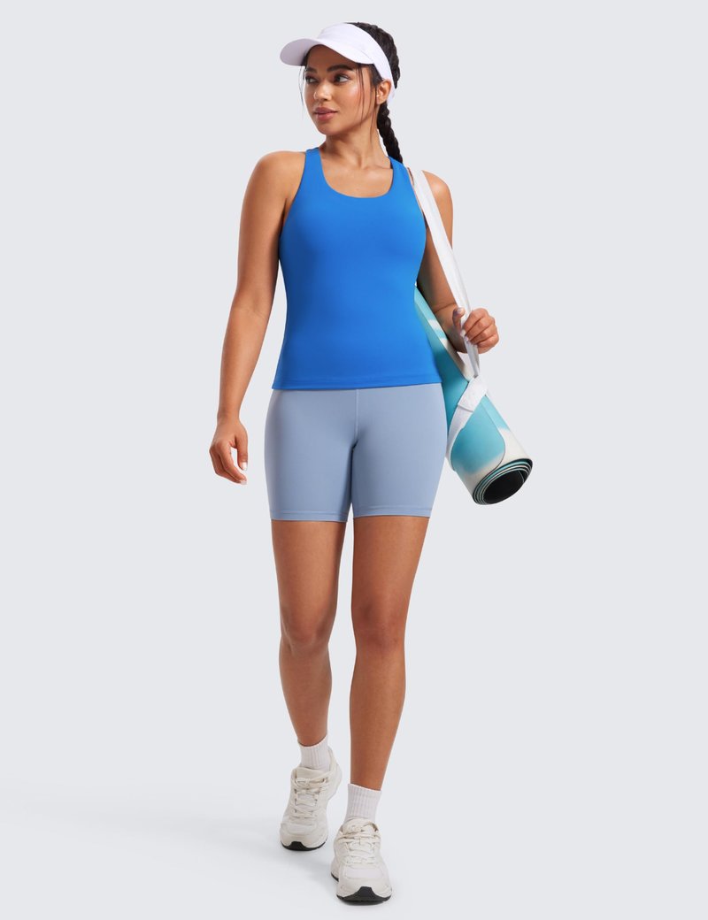 CRZ YOGA Butterluxe Workout Racerback Tank Tops for Women - Padded Athletic Spandex Yoga Shirts with Built in Bra Sparkle Blue Large