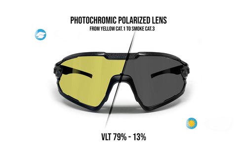 Bertoni Sport Sunglasses Polarized Photochromic Cycling MTB w. Prescription Carrier QUASAR (Black/Photochromic Polarized Yellow)