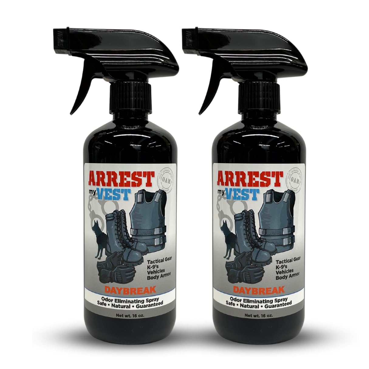 Arrest My Vest Military Grade Odor Eliminating Spray for Body Armor, Tactical Gear, and K9 Equipment. Safe on All Ballistic Vests, Fabrics, & Police Gear - Daybreak Fragrance - 2 16 oz Bottles