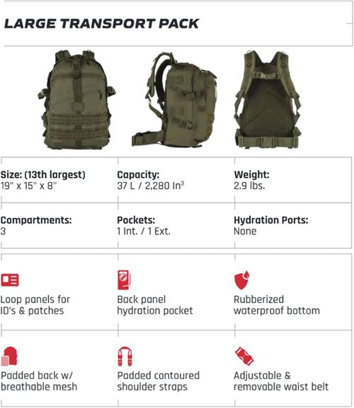 Fox Outdoor Products Large Transport Pack | 37L Tactical Backpack with Compression Straps, Hydration Pocket & Modular Webbing