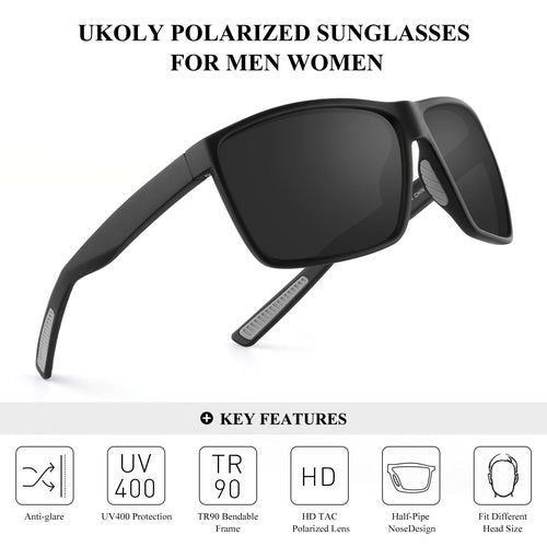 Ukoly Polarized Sports Sunglasses For Men Women,Sports Sunglasses For Baseball Running Cycling TR90 Frame UV400 Protection Black