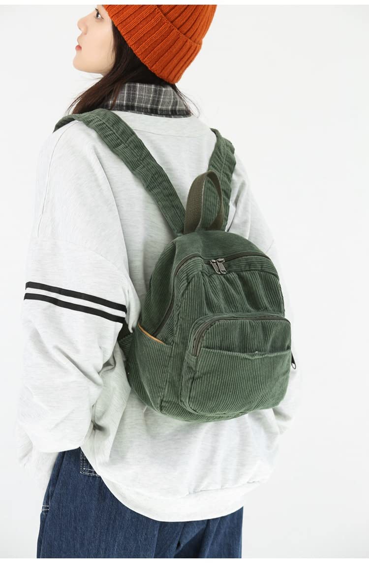 MININAI Aesthetic Backpack Mini Classic Corduroy College Backpack for Women Cute Retro Grunge Casual Daypack (One Size,Green)