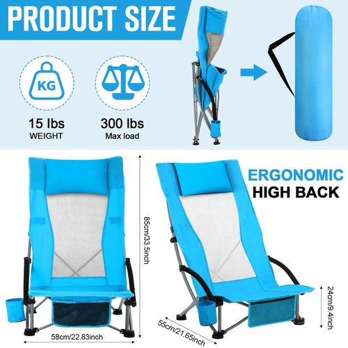 Spiareal 2 Pack Folding Beach Chair for Adults Portable Backpack High Back Chair 300lbs Heavy Duty Lightweight High Back with Headrest Cup Holder Carry Bag for Picnic Camping Fishing