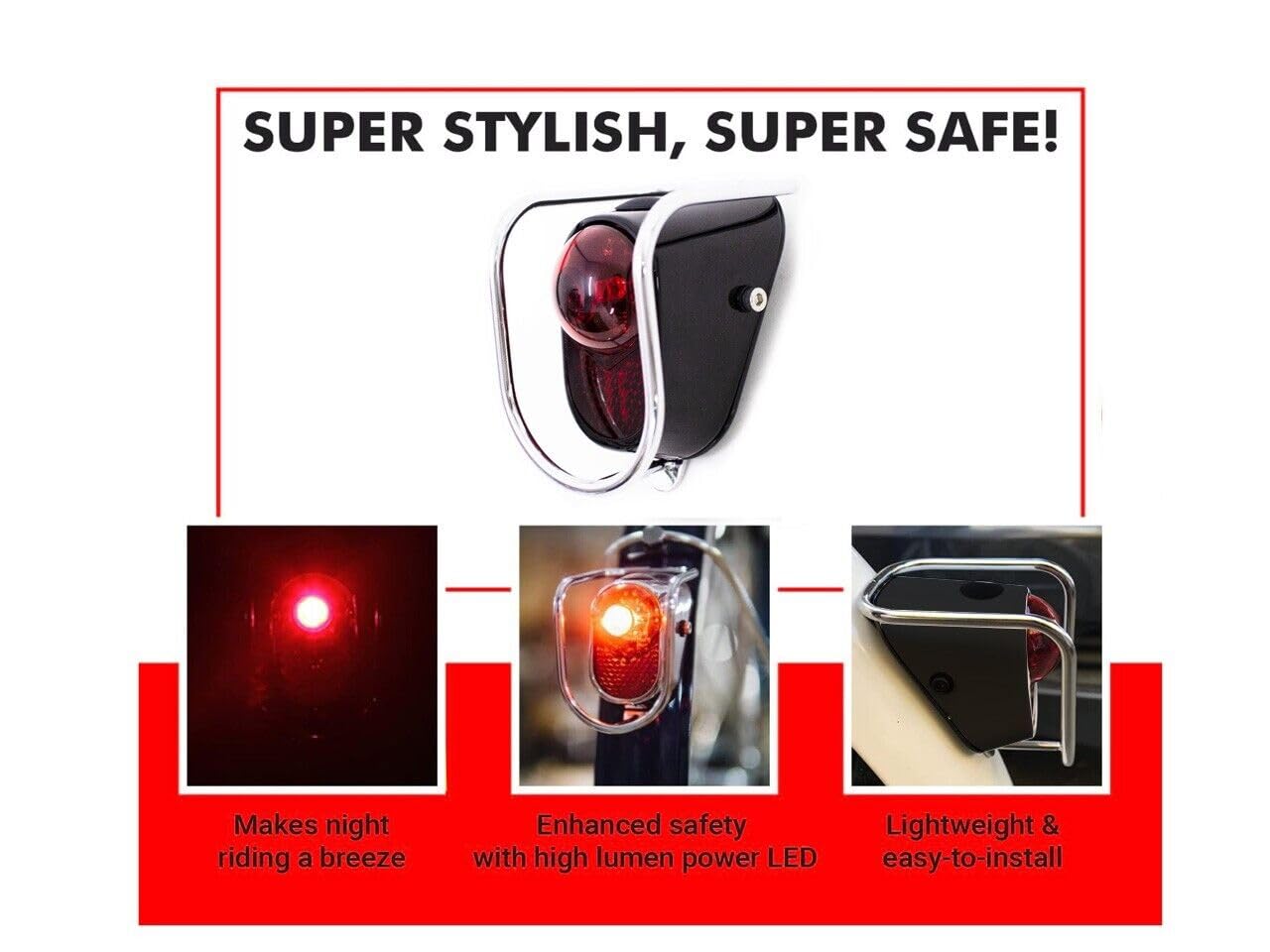 Rear LED Tail Lights for Bicycles - Gloss Black Vintage Style with Red Lens and Black Housing - Classic Tour Bike Velocipede Accessories (LM-002)