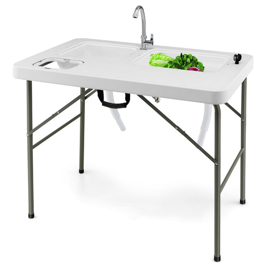 Julimoon Folding Fish Cleaning Table, Portable Camping Table w/ 2 Sinks, 360° Rotatable Faucet, Heavy Duty Camping Sink Station w/Hose Hook Up, Outdoor Fillet Picnic Table for Camping, Beach, White