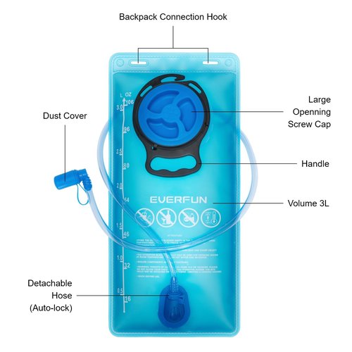 EVERFUN Hydration Bladder 3L 100oz Water Reservoir for Hiking Backpack, Leak Proof Water Bladder with Detachable Hose & High Flow Bite Valve, Water Pouch for Cycling, Running