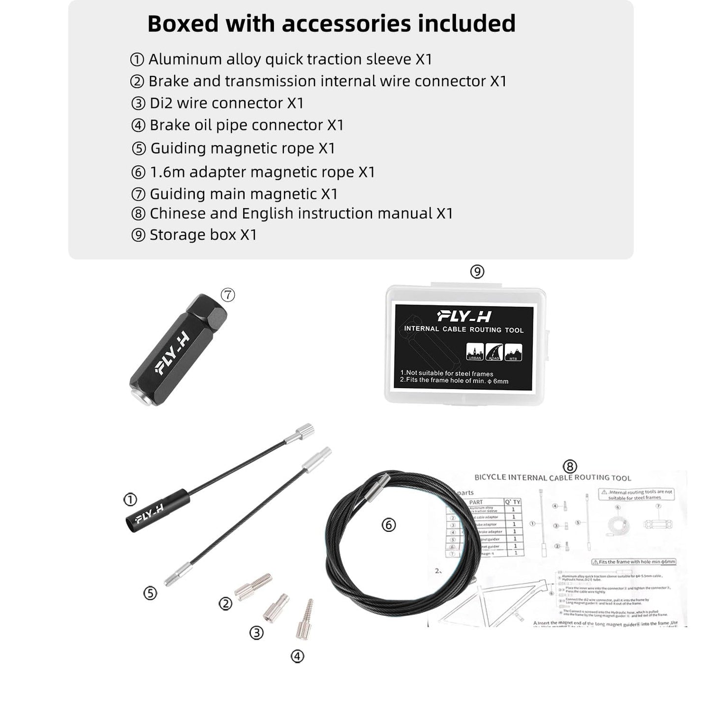 FLY_H Bicycle Internal Cable Routing Tool Kit,Bicycle Carbon Fiber Frame, Bike Di2 Wires Frame Internal Threading Tool, Brake Cable Hose Cable Routing Kit Wire Tube Magnet Lead,Storage Accessories