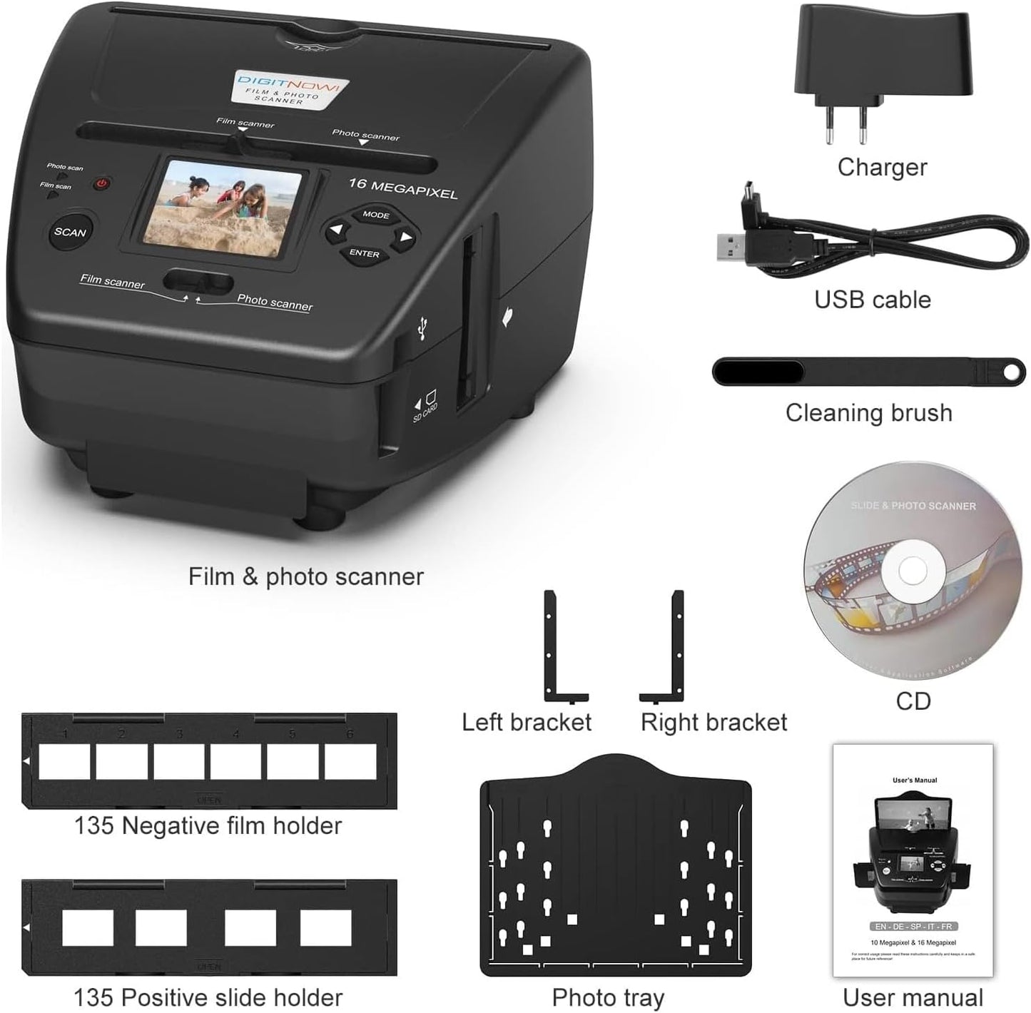High Resolution Film Scanner with 2.4 LCD Screen - Scan 35mm Slides/Negatives/Photos/Business Cards to Digital JPEG/PDF - Fast 5s Scan Speed - Free 4GB SD Card & Adapter - PC/Mac Compatible - Grey