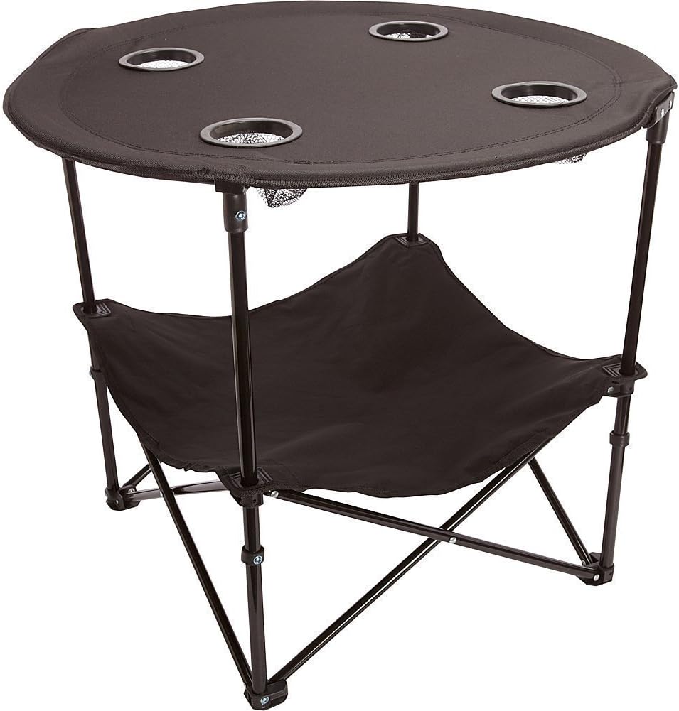 Preferred Nation | 2 Tier Folding Camping Table with 4 Mesh Cup Holders Black | Polyester with Metal Frame | Compact, Convenient Carry Case Included | Side Table for Tailgate