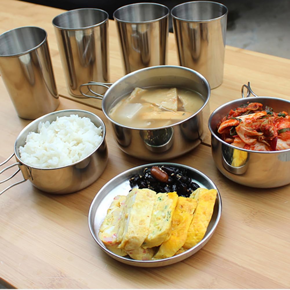 Gaderth Camping Cookware, 8PCS Camping Cookware Mess Kit, Mini Picnic Camping Cooking Mess Kit with Pot/Pan/Cups, Stainless Steel Cookware Kit for Outdoor Camping Backpacking Hiking Silver