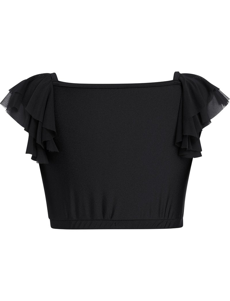 Lyrical Dance Dress for Women Ruffle Sleeve Square Neck Sparkly Sequins Crop Top Tiered Chiffon Midi Skirt Teen Girl Contemporary Dance Outfits Ballerina Dance Dress Black S