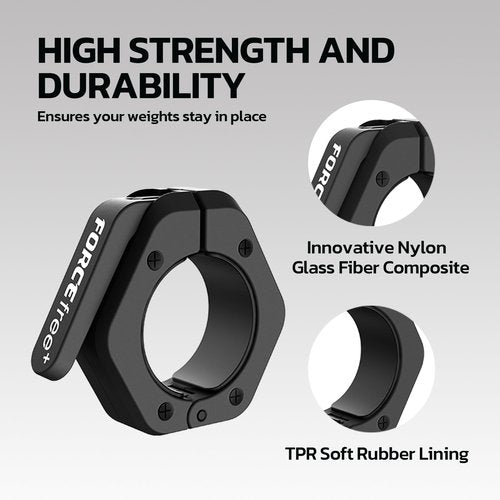 Forcefree+ Barbell Clips (Pair), Barbell Clamps, Quick Release Olympic Barbell Clamps with Anti Slip TPR Grip, Barbell Collars for Secure Weightlifting & Powerlifting (NO MAG, Black)