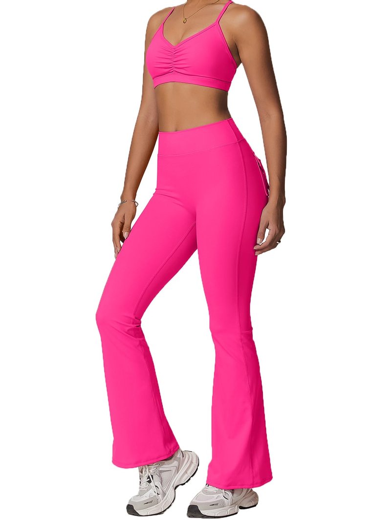 Rugkey Women High Waisted Flare Leggings with Pockets Tummy Control Compression Yoga Pants Scrunch Butt Lifting Workout Tights Rose-L