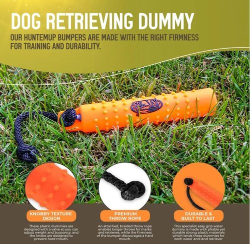 HuntEmUp Dog Bumpers - 6X 2-Inch Weighted Plastic Retrieving Dummies with Throw Ropes - 2 White, 2 Orange, and 2 Black/White - Essential Training Gear for Dog Retrieval