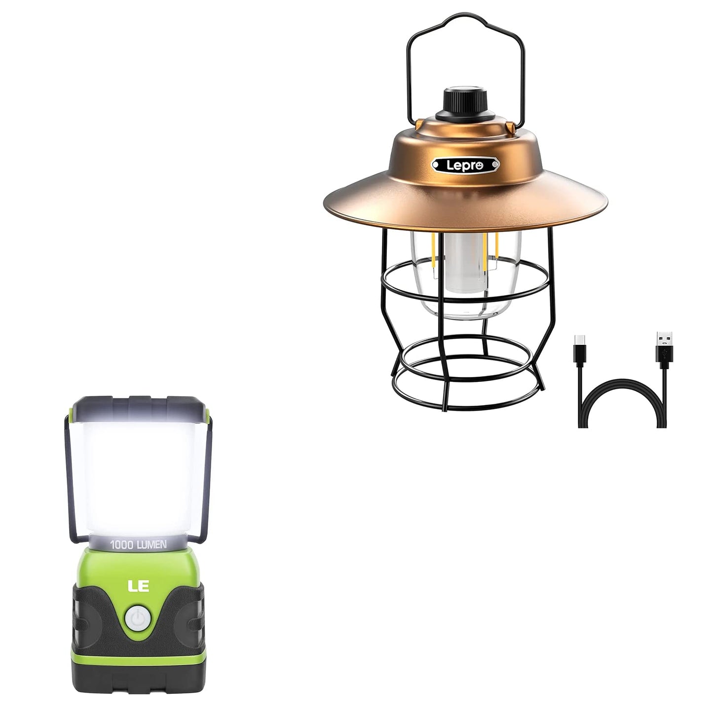 Lighting EVER Bundle - 2 Items: Lepro Vintage Rechargeable LED Camping Lantern & Lighting EVER 1000LM LED Camping Lantern, Battery Powered, 4 Light Modes
