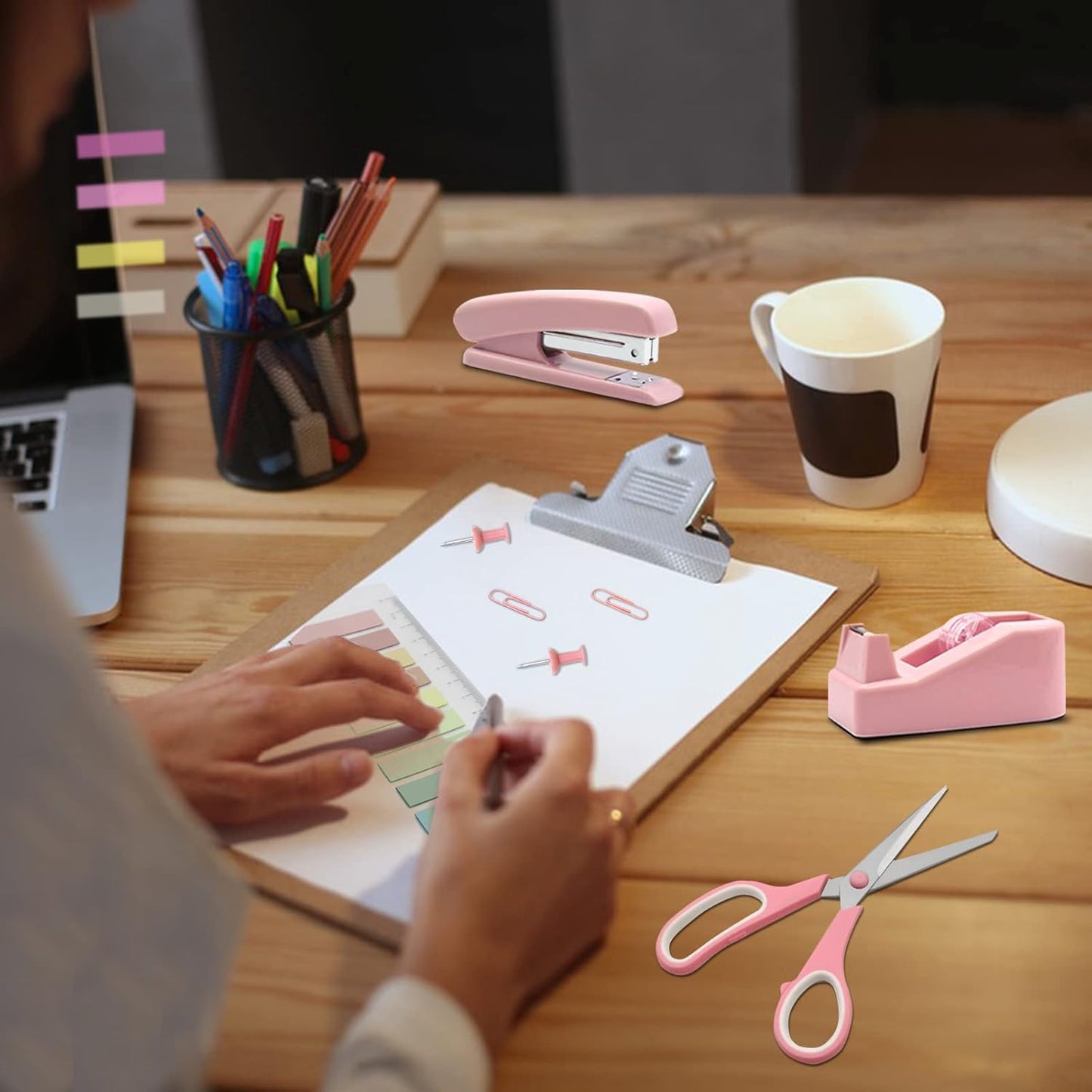White Office Supplies, UPIHO White Desk Accessories, Stapler and Tape Dispenser Set for Women with Stapler,Tape Dispenser, Staple Remover, Staples,Scissor and Tabs for Students Office Clerks