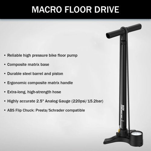 LEZYNE Macro Floor Drive High Pressure Bicycle Floor Pump with 2.5" Analog Gauge - Durable 220 PSI Tire Air Pump for Road/Track Bikes - Fits Presta/Schrader Valve - ABS Flip Chuck, Flat Black