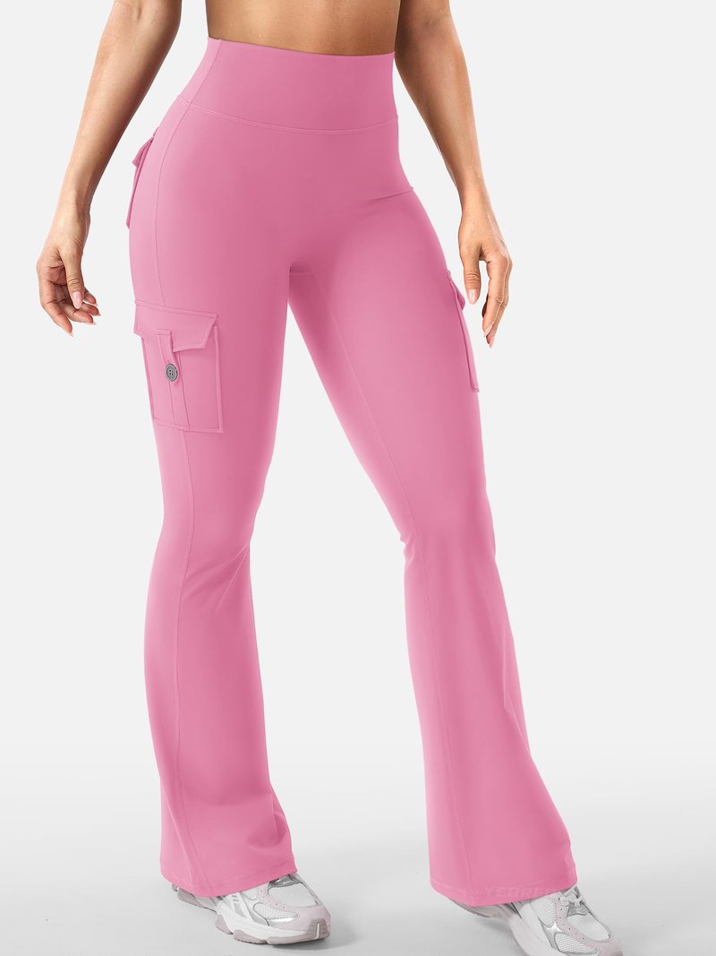 YEOREO CoreFlex Women Workout Flare Leggings with Pockets Hidden Scrunch High Waisted Cargo Gym Yoga Leggings Pink XXL