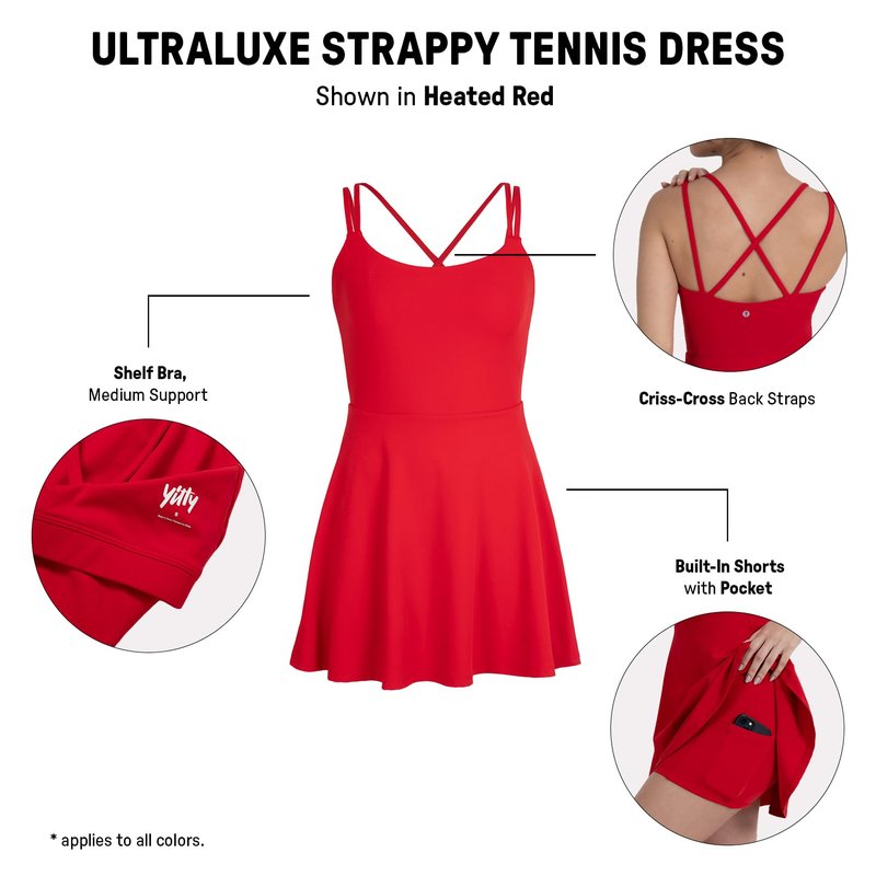 YITTY Active Women's Ultraluxe Strappy Tennis Dress with Built in Short, Athleisure, 4-Way-Stretch, Iconic Black, M