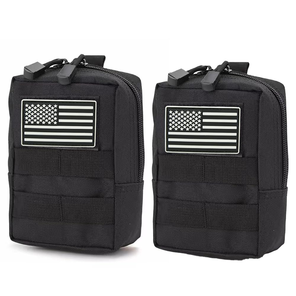 2 Pack Molle Pouches-Vest Pouch Belt Pouch Waist Bag Pack EDC Molle Accessories Bag Small Utility Pouch with Flag Patch Black